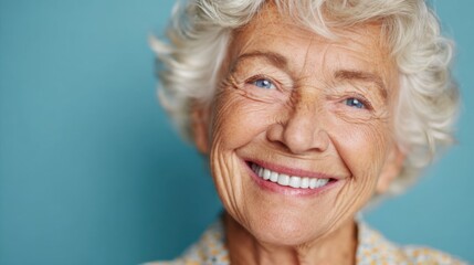 Smiling elderly woman with curly hair in front of a blue background during a cheerful moment