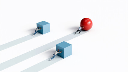 Three men pushing shapes forward, two with cubes and one with a sphere, showing different strategies, efficiency, innovation, 3d render