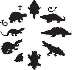 Dinosaur silhouettes and prehistoric creatures reptile