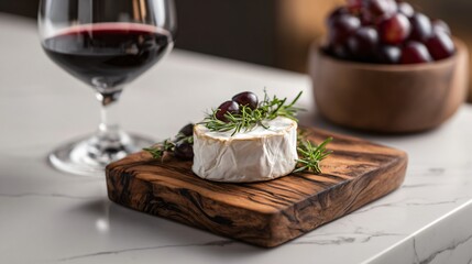 A minimalist brie wedge and wine setup, modern food concept
