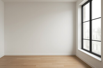 Minimalist Empty Room with Wooden Floor and Large Window in Natural Light