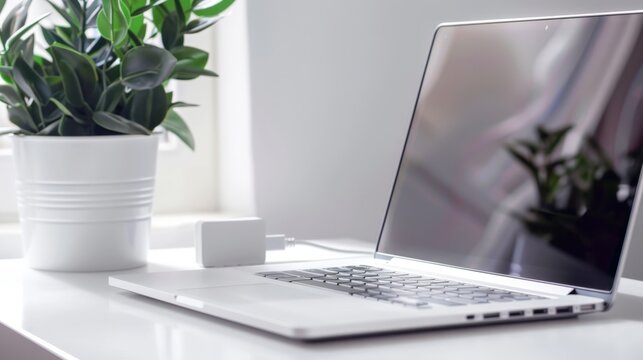 A modern laptop sits on a clean desk next to a white pot with a green plant. The workspace is bright and minimalistic, emphasizing productivity and organization.