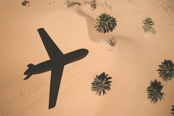 airplane shadow on desert sand. Arid region travel
