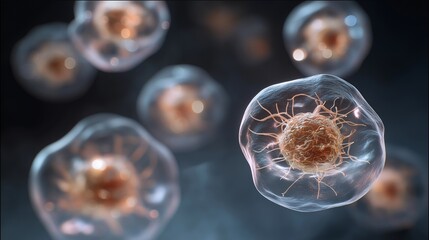 Scientific visualization of transparent multicellular structures with detailed nucleus and filamentous networks, symbolizing molecular medicine, biomedical research, and genetic architecture