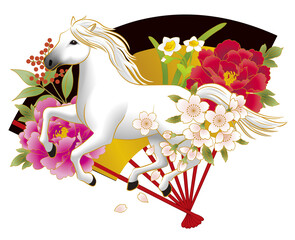 午年　扇に馬　年賀状素材　白馬