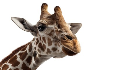 Rothschild’s giraffe, Giraffa camelopardalis rothschildi bending its neck and smiling, isolated on white, detailed fur pattern, realistic lighting