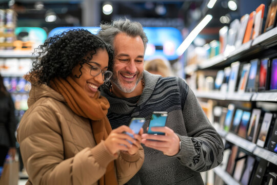 Portrait of a grinning mixed race couple in their 40s buying a smartphone in store - Powered by Adobe