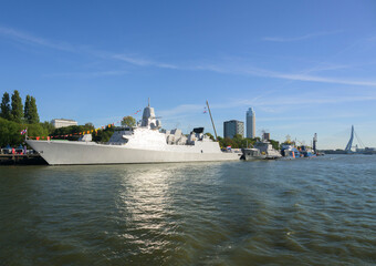 Dutch navy frigate docked at Rotterdam harbour on a clear day