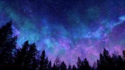 Silhouettes of pine trees against a vibrant colorful night sky filled with stars and nebulae