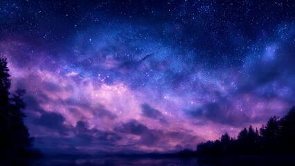 A vibrant star filled night sky with purple clouds illuminates a tranquil body of water and silhouetted trees
