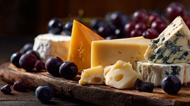 A rustic board with assorted cheeses and dark grapes