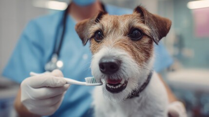 Dog receives dental care at veterinary clinic with professional cleaning technique in action