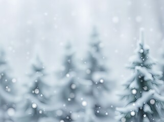 Obraz premium Snowy winter forest with blurred pine trees and falling snow