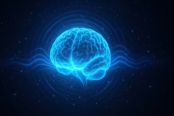 Fototapeta premium Glowing blue brain illustration with waves emanating from it, symbolizing intelligence and creativity. background is dark and starry