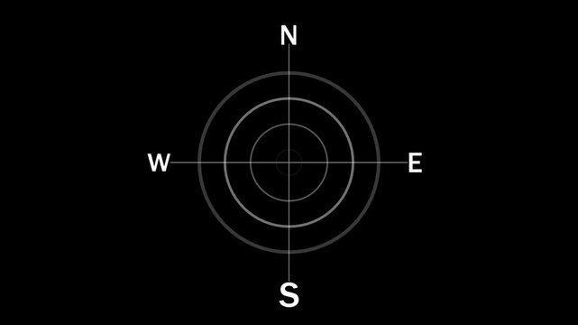 Minimalist compass rose graphic with cardinal directions North South East West and concentric
