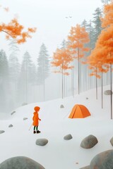 camping in nature with orange trees and snow