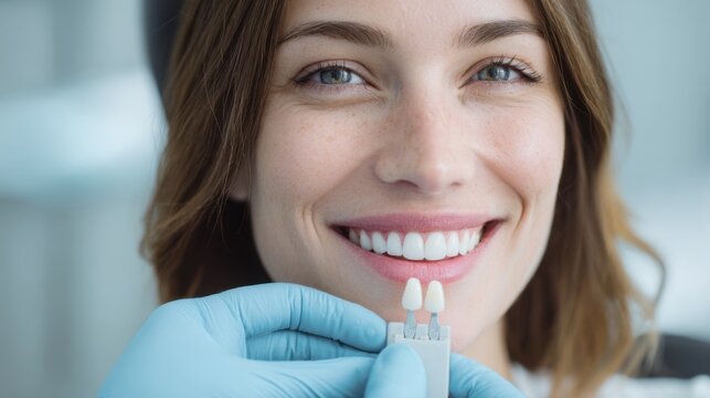 Woman smiling as dentist shows dental veneers in bright clinic setting during cosmetic consultation