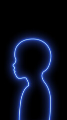 Obraz premium Blue empty neon outline kid background, blank silhouette side view boy face symbol, children study idea concept for design, futuristic education learning, Intelligence thinking technology illustration