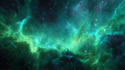 Naklejka premium Deep space nebula in vibrant emerald and turquoise hues with countless twinkling stars