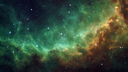 Obraz premium Swirling green and orange cosmic nebula filled with distant stars and celestial clouds