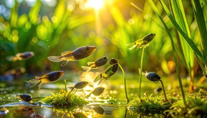 Tadpoles Swimming in Sunlit Pond