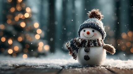 Snowman stands cheerfully while snowflakes gently fall in a winter wonderland scene with soft lights in the background