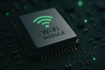 Wi Fi module on circuit board with glowing green icon, representing wireless technology and connectivity