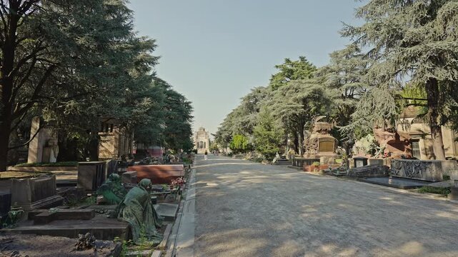 Wide View of Tree-Lined Avenue at Cimitero Monumentale di Milano, filmed on September 15, 2025.