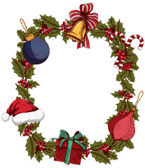 Hand-drawn Christmas Wreath Frame with Holiday Decorations