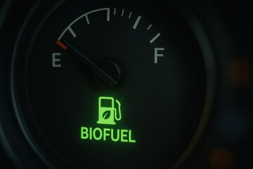 Biofuel gauge indicating fuel level with green light. image showcases fuel gauge with biofuel symbol, emphasizing eco friendly energy