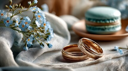 two wedding rings, gentle flower bouquet and blue macaroon
