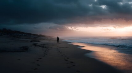 Lone figure walking along a misty beach at sunset under dramatic clouds