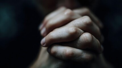 Close up of human hands clasped in prayer conveying deep contemplation and solemn emotion