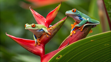 Two redeyed tree frogs perched on a vibrant red heliconia flower, showcasing the beauty of costa ricas rainforest and its unique wildlife diversity
