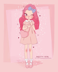 A delicate girl with a sweet demeanor, dressed in a charming outfit, featuring a heart-shaped bag and a playful wink, radiating warmth and innocence.