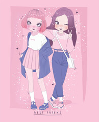 This illustration captures two stylish girls showcasing fun fashion choices, framed against a charming pink background filled with sparkles and hearts.