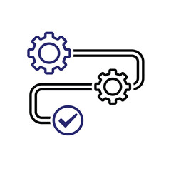 workflow icons. automated management. two gears on a track and a checklist. trigger node, data tool, technology. Outline design style