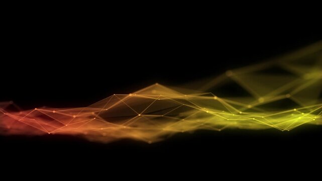 Yellow wave of particles and lines. Big data visualization. Abstract background with a dynamic wave. 3d rendering.