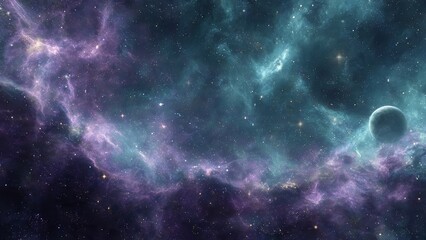 Fototapeta premium Distant planet orbits through swirling purple and teal nebulae filled with twinkling stars