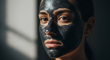 Close-up portrait of a serene young woman with a purifying black charcoal face mask, captured with dramatic lighting emphasizing her skincare routine and self-care