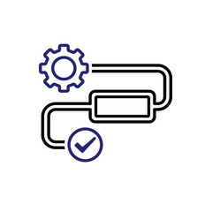 workflow icon. automated management. gear with rectangle on track and check mark. trigger node, data tool, technology. Outline design style