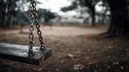 An empty weathered wooden swing hangs still in a quiet atmospheric park setting
