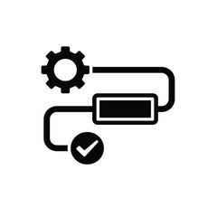workflow icon. automated management. gear with rectangle on track and check mark. trigger node, data tool, technology. Flat design style