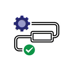 workflow icon. automated management. gear with rectangle on track and check mark. trigger node, data tool, technology. Mixed design style