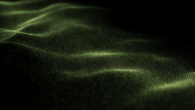 Yellow wave of particles and lines. Big data visualization. Abstract background with a dynamic wave. 3d rendering.