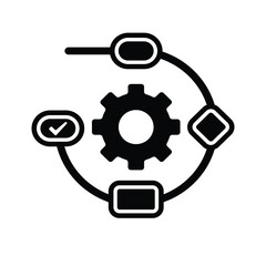 workflow icon. automated management. gears surrounded by flow chart symbols. trigger node, data tool, technology. Flat design style