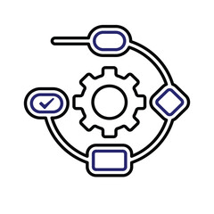 workflow icon. automated management. gears surrounded by flow chart symbols. trigger node, data tool, technology. Outline design style