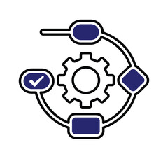 workflow icon. automated management. gears surrounded by flow chart symbols. trigger node, data tool, technology. Mixed design style
