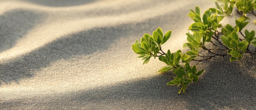 Green plant on rippled sand background