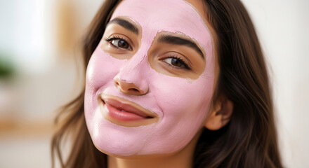 Woman with pink face mask smiling at camera in close-up